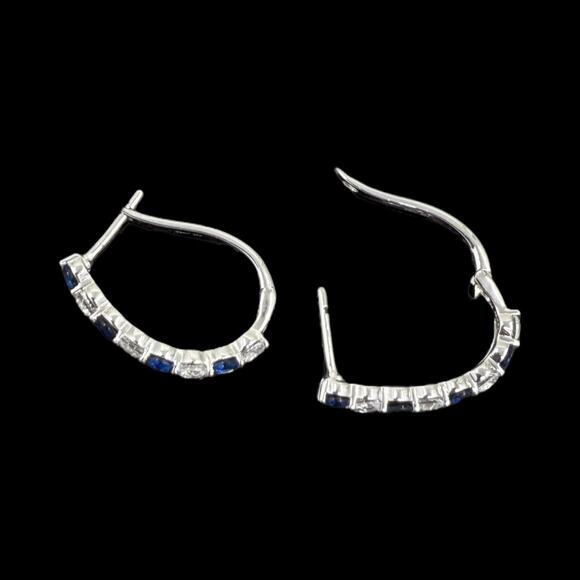 Blue Sapphire White Sapphire Leverback Earrings 925 Sterling Silver Hoop Huggie - Picture 5 of 8